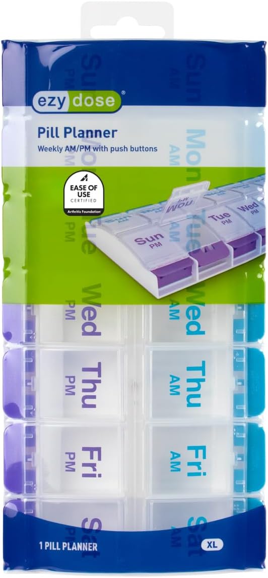 EZY DOSE Push Button (7-Day) Pill Case, Medicine Planner, Daily Vitamin Organizer, 2 Times a Day AM/PM, X-Large Compartments, Arthritis Friendly, Easy to use, Clear Lids, Purple and Blue, BPA Free - Image 7