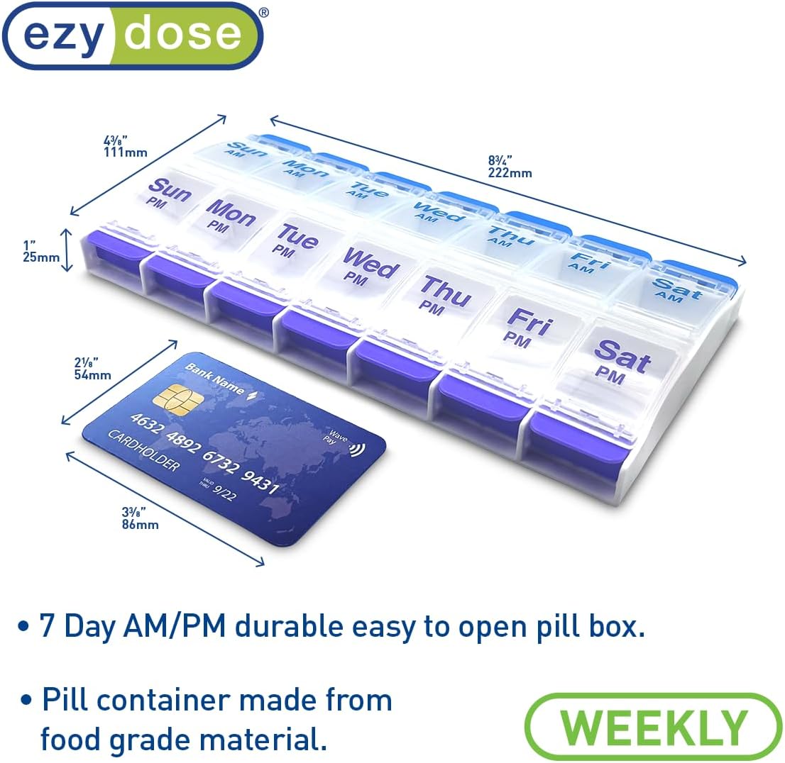 EZY DOSE Push Button (7-Day) Pill Case, Medicine Planner, Daily Vitamin Organizer, 2 Times a Day AM/PM, X-Large Compartments, Arthritis Friendly, Easy to use, Clear Lids, Purple and Blue, BPA Free - Image 2