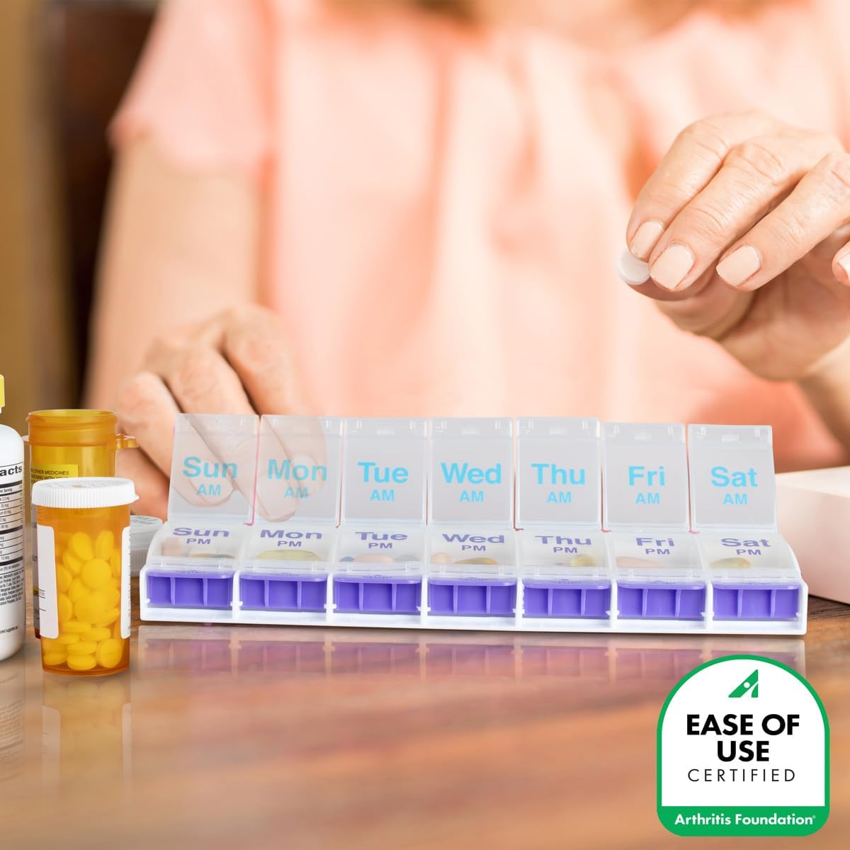 EZY DOSE Push Button (7-Day) Pill Case, Medicine Planner, Daily Vitamin Organizer, 2 Times a Day AM/PM, X-Large Compartments, Arthritis Friendly, Easy to use, Clear Lids, Purple and Blue, BPA Free - Image 5