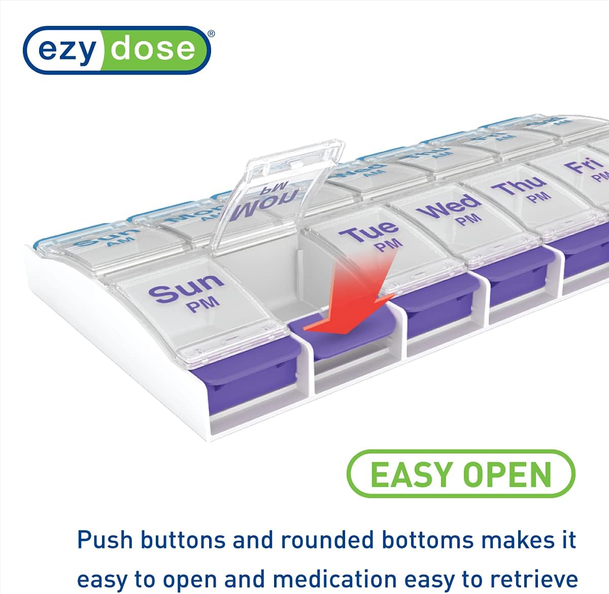 EZY DOSE Push Button (7-Day) Pill Case, Medicine Planner, Daily Vitamin Organizer, 2 Times a Day AM/PM, X-Large Compartments, Arthritis Friendly, Easy to use, Clear Lids, Purple and Blue, BPA Free - Image 4