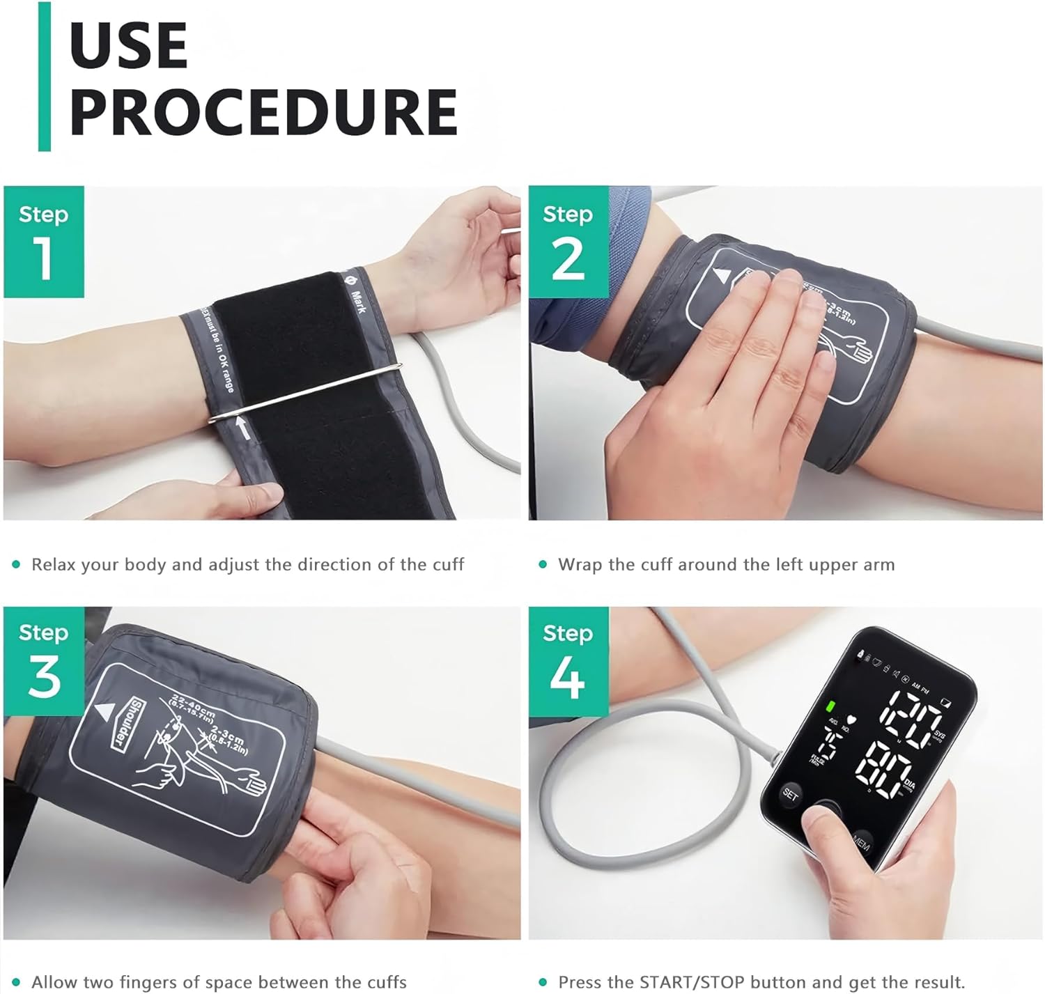 Oklar Blood Pressure Monitor Upper Arm Monitors for Home Use BP Machine Sphygmomanometer with 2x120 Reading Memory Adjustable Arm Cuff 8.7"-15.7" Large Display with LED Background Light Storage Bag - Image 6