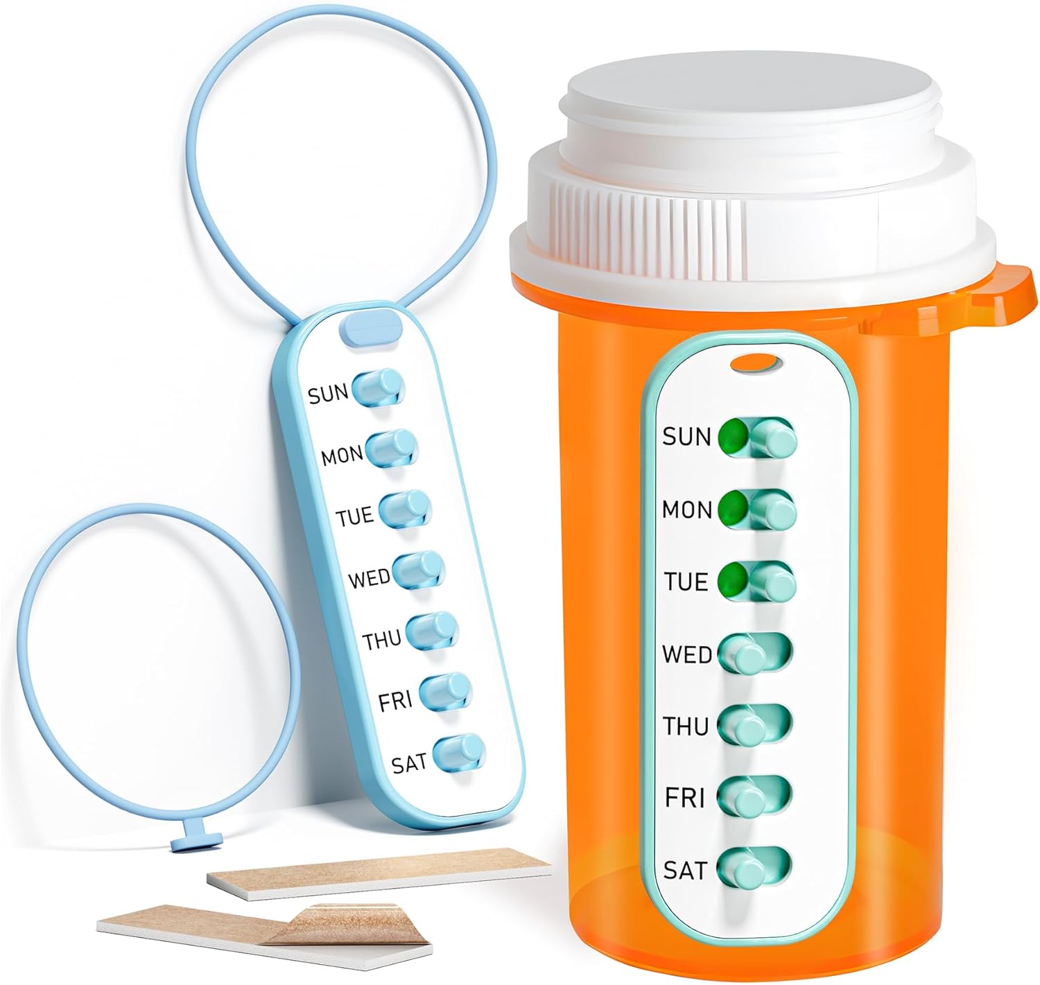 Odaro 2 Pack Pill Reminder, Lanyad or Sticker Pill Tracker, Work with Most Bottles, Reusable Medication Tracker Replacement of Vitamin Weekly (7 Day) Medicine Organizer